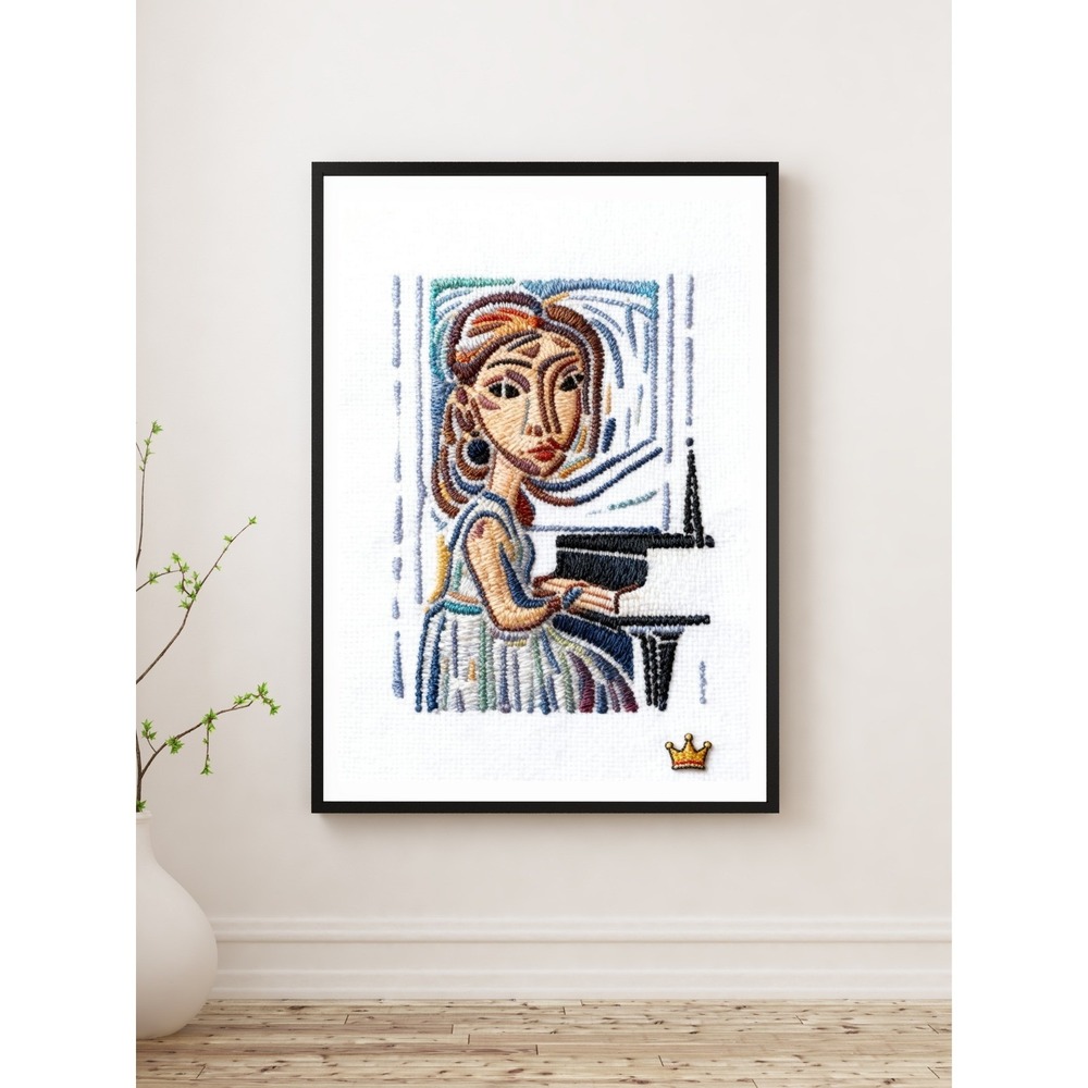 Abstract Woman Playing Piano Embroidered Art Re-Print Canvas 12x16‎